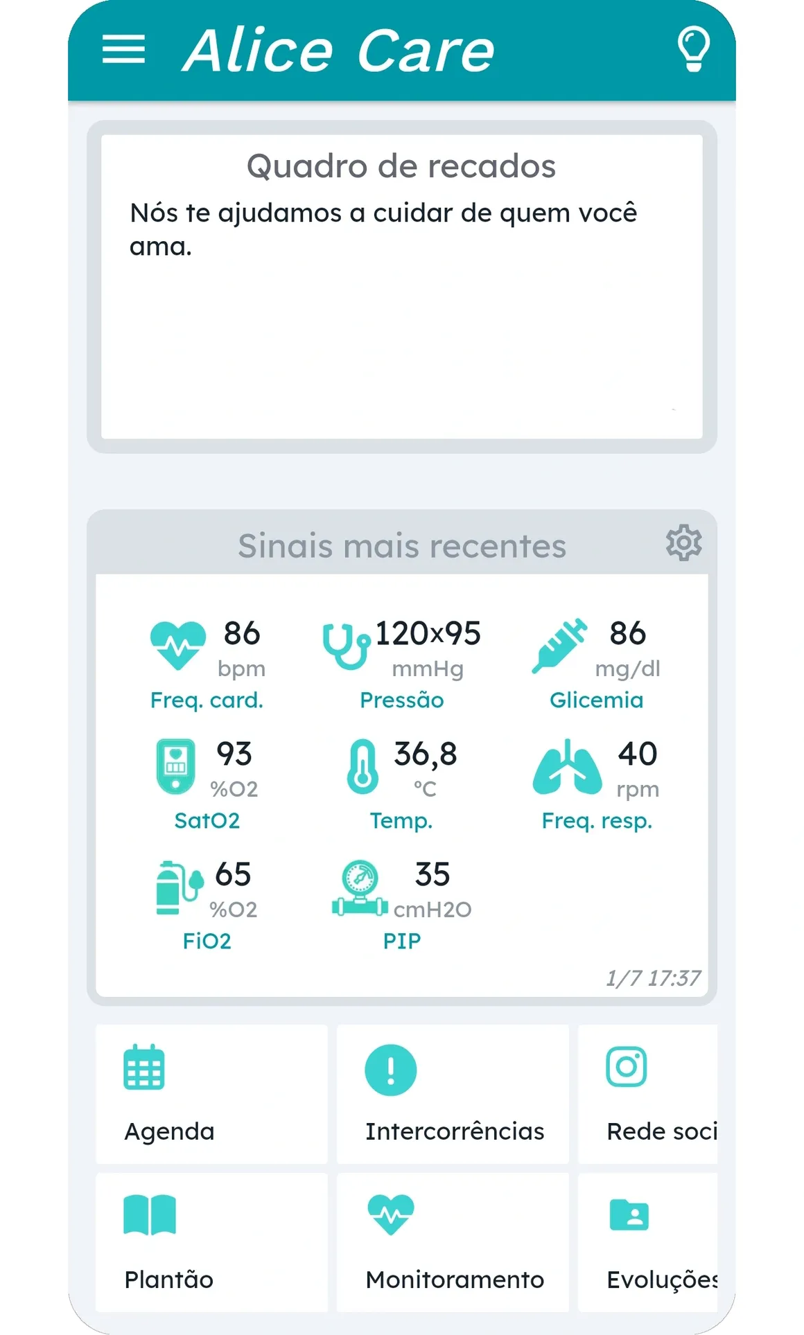 Tela do aplicativo AliceCare com quadro de recados e sinais vitais